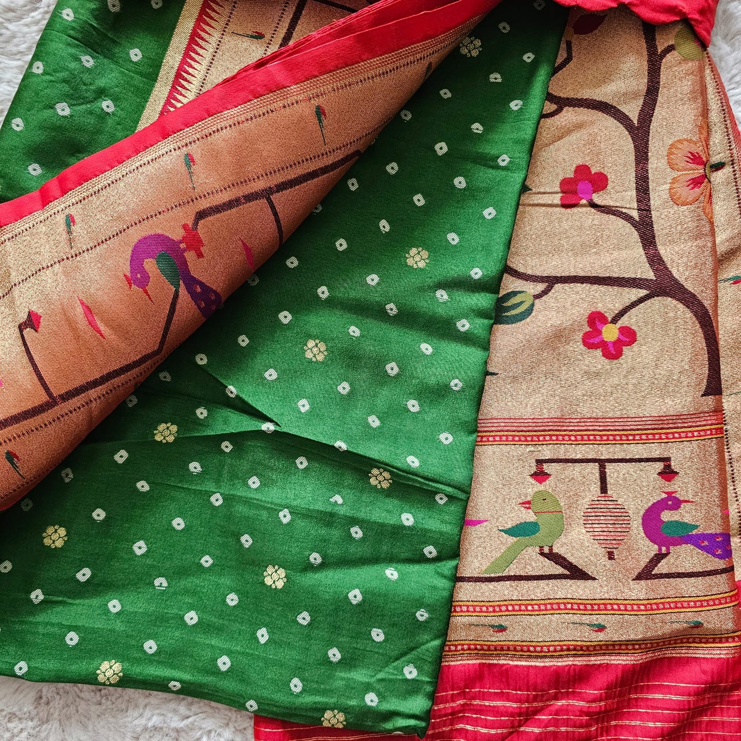 Green Bandini saree Paithani Border