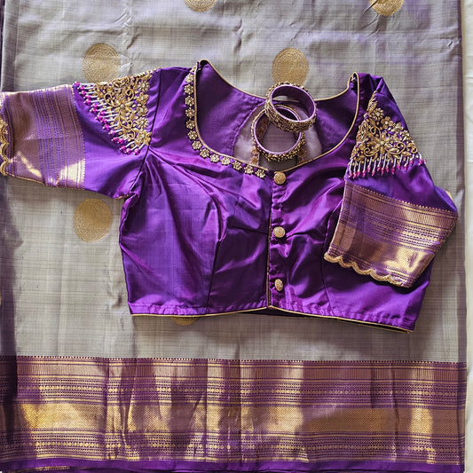 Enchanting Grey & Lilac Saree with Purple Aari Work Blouse